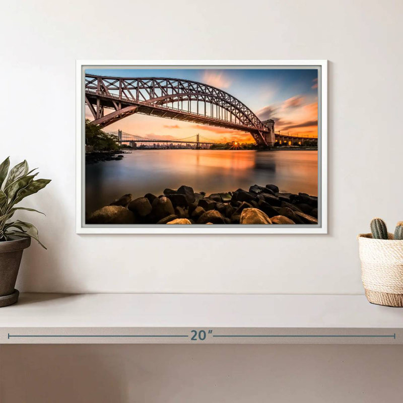 Pont Triboro au coucher du soleil, Cadre flottant blanc, 13 po x 9 po