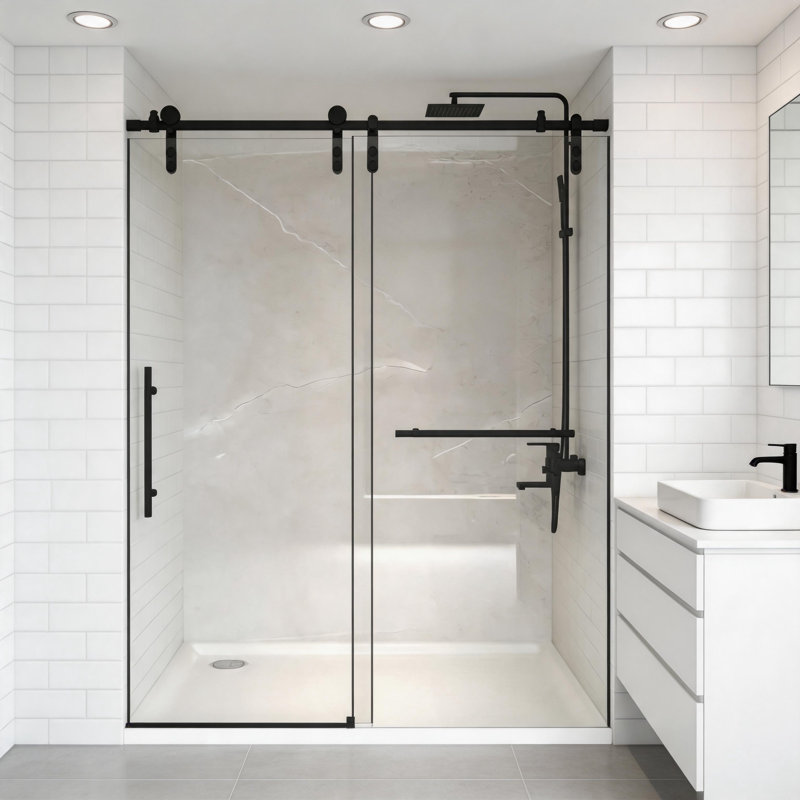 Porte de douche coulissante sans cadre noir mat 48 po x H 76 po, verre trempé transparent de 5/16 po (8 mm) avec quincaillerie en acier inoxydable
