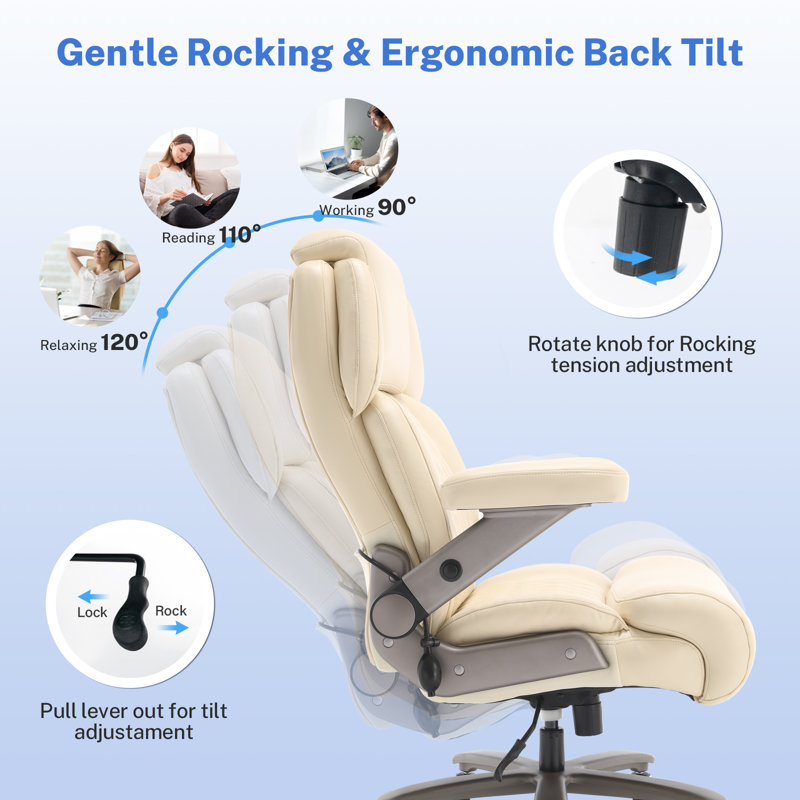 Fauteuil de bureau de direction grande taille (700 lb), fauteuil de bureau en cuir robuste avec soutien lombaire pneumatique réglable, accoudoirs 3D relevables, siège à ressorts extra large et roulettes en caoutchouc.