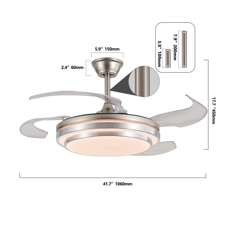 Ventilateur de plafond moderne à DEL 42 pouces à 3 niveaux avec lumière et télécommande, pales rétractables, moteur à courant continu réglable à 6 vitesses et fonctionnement silencieux pour le salon, la chambre à coucher, la salle à manger