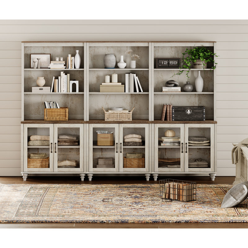 Scarlett 72.1"H X 101.6"W Bookcase With Doors Set Of 3, 5 Tier Bookshelf, Tall Book Case Shelf With Glass Storage Cabinets, Large Wood Bookcases Farmhouse Bookshelves For Living Room Bedroom Home Office Kitchen