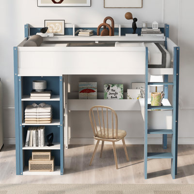 Lit mezzanine double avec tablettes, portemanteau et bureau Roomfitter