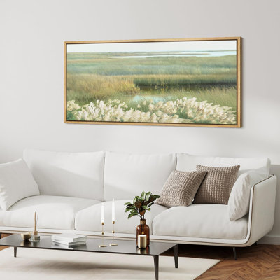 Rustic Countryside Tranquil Marshland Soft Pastel Green Grass Reeds Landscape Extra Large Canvas Print Wall Art