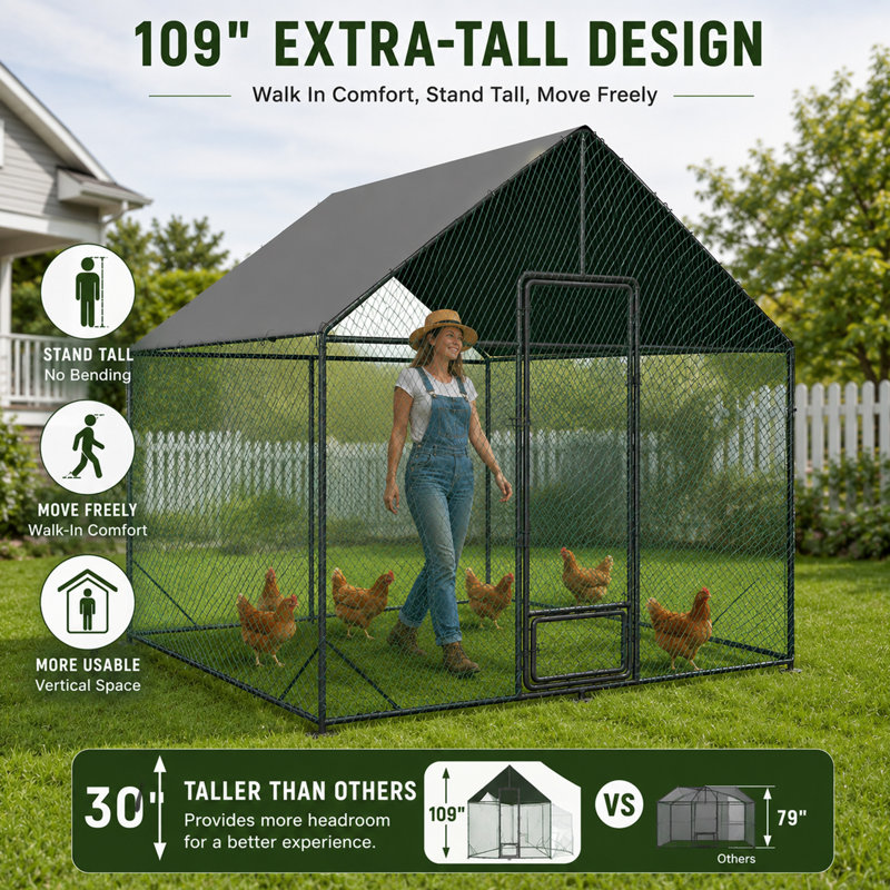 Poulailler en métal, 96,8 pieds carrés Pi. Enclos à volaille avec couvercle imperméable, porte d'alimentation et cadre antirouille