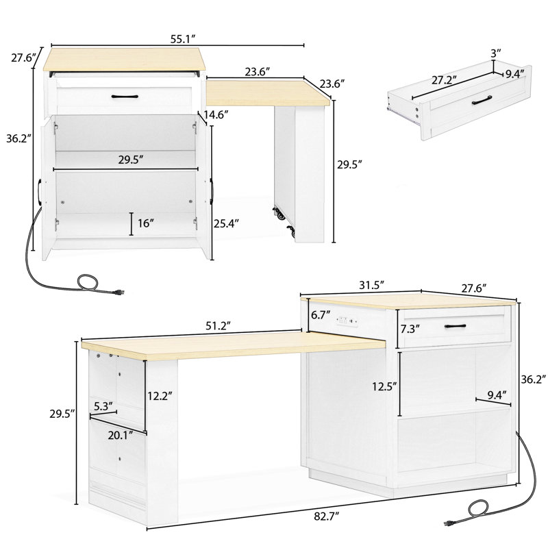 51.1" Wide Kitchen Island With Extendable Top, White