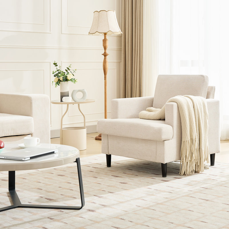 Oversized Cozy Accent Chair with Linen Upholstery and Thick Cushion, Mid-Century Modern Lounge Armchair, Beige
