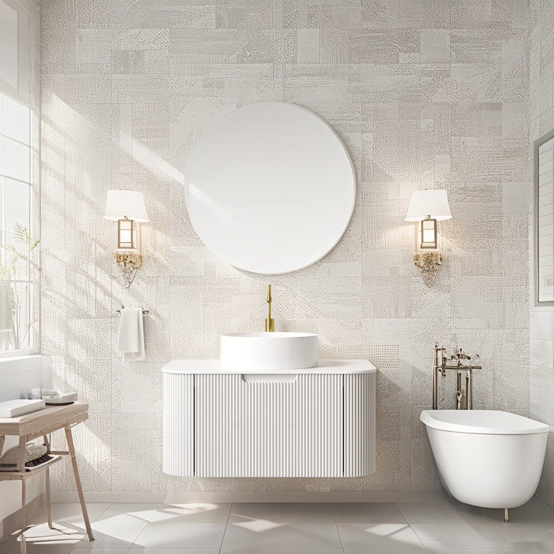 Meuble-lavabo de salle de bain avec lavabo, armoire de rangement murale rayée, Blanc, 30"