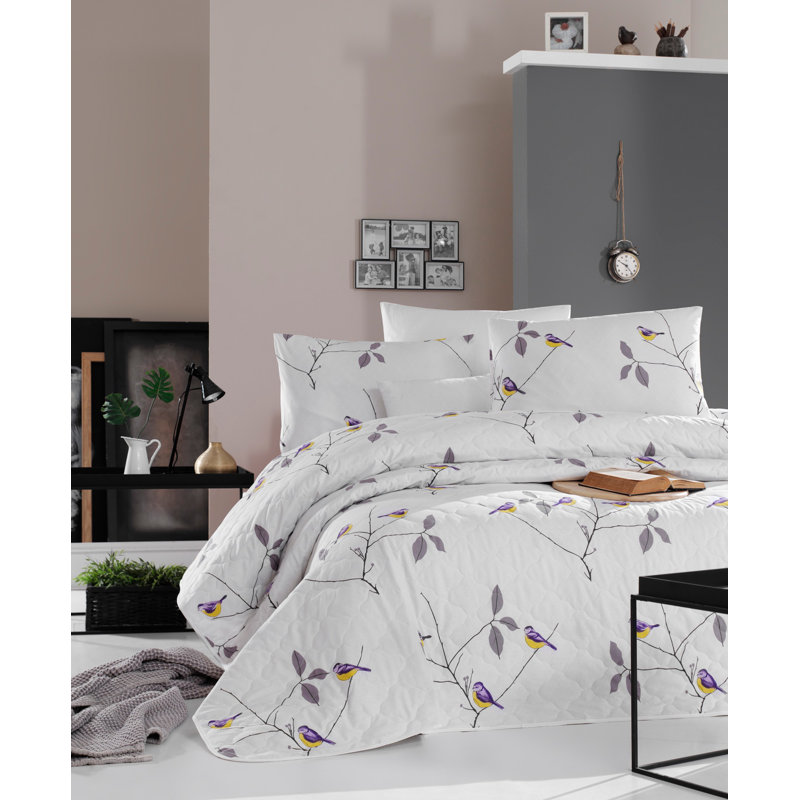 Ensemble de couvre-lit / couvre-lit 100% coton gris / blanc / mauve Bambi, Housse de couette 71 po x 89 po + 2 taies d'oreill