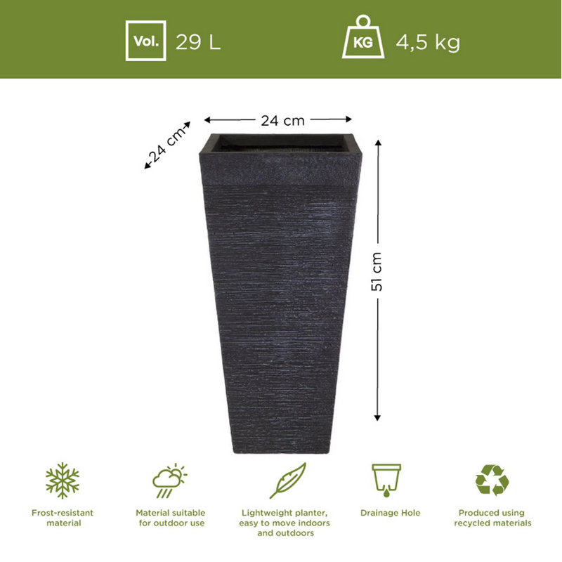 IDEALIST Ribbed Light Concrete Garden Tall Planter, Outdoor Plant Pot with Tapered Shape, 50.5cm H x 24.5cm W x 24.5cm D