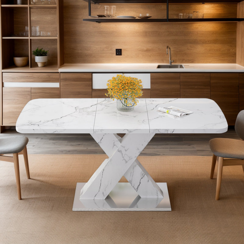 Modern Rectangle Dining Table with X-Shape Table Leg, White Marble, White Marble