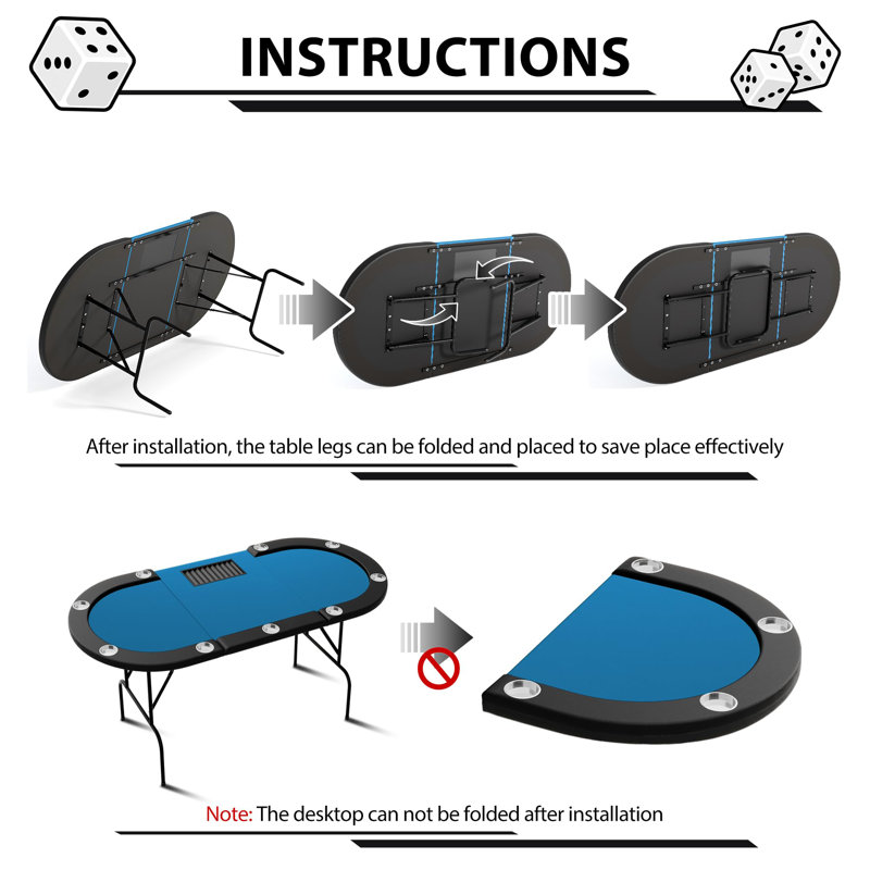 Table de poker ovale, pieds pliables avec porte-gobelets en acier inoxydable pour le Texas Holdem Blackjack
