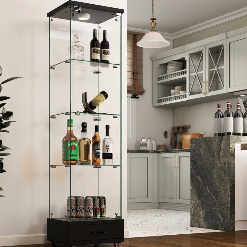 Modern Black Tempered Glass Storage Case With Drawer And Led Lighting, 4 - Tier Design For Collectibles In Living Bedroom Areas Cabinet 13 Colour Lights, Dining Rooms
