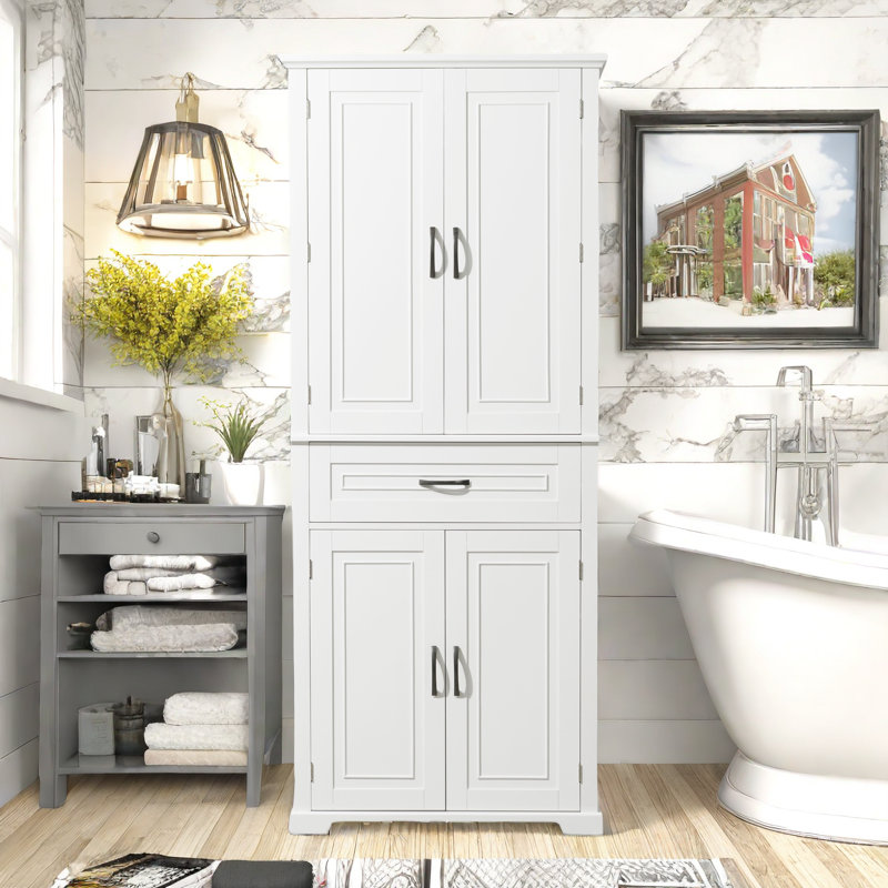 Stepheny Bathroom Storage Cabinet with Drawer and Adjustable Shelves, 29.8"W x 72.1"H x 15.6"D, White