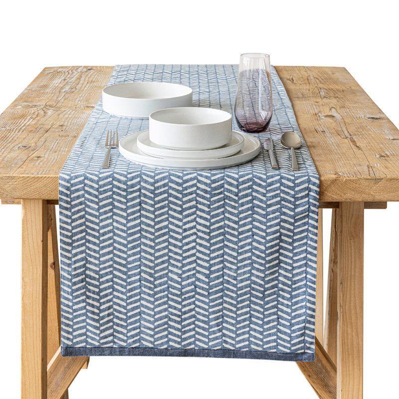 over&back Hand-Blocked Printed Cotton Table Runner, 18" W x 108" L, Blue Herringbone