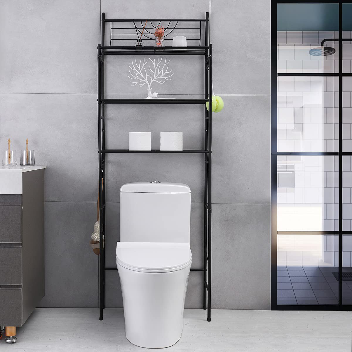 Rebrilliant 3 Tier Bathroom Over Toilet Storage Rack, Freestanding Metal Frame Shelf Organizer ...