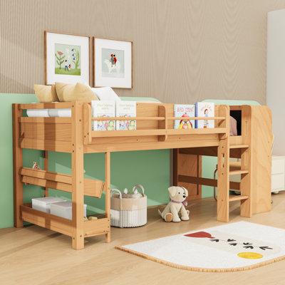 Wood Loft Bed with Built-in Desk, Blackboard, and Multi-Storage Bookcase