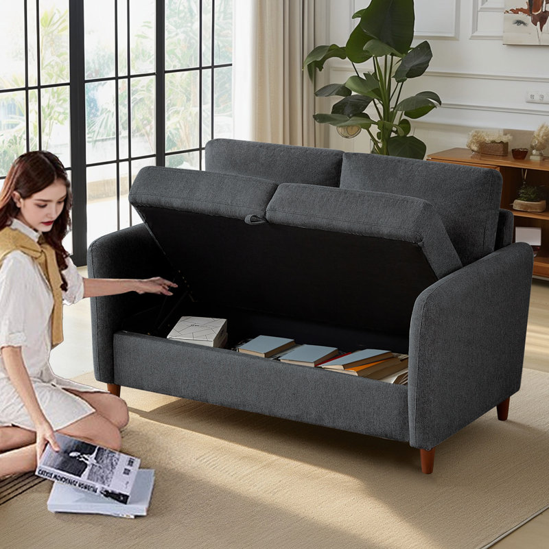 Linen Flared Arm Loveseat with Storage, Dark Gray, 34.7" H x 56.3" W x 31.2" D