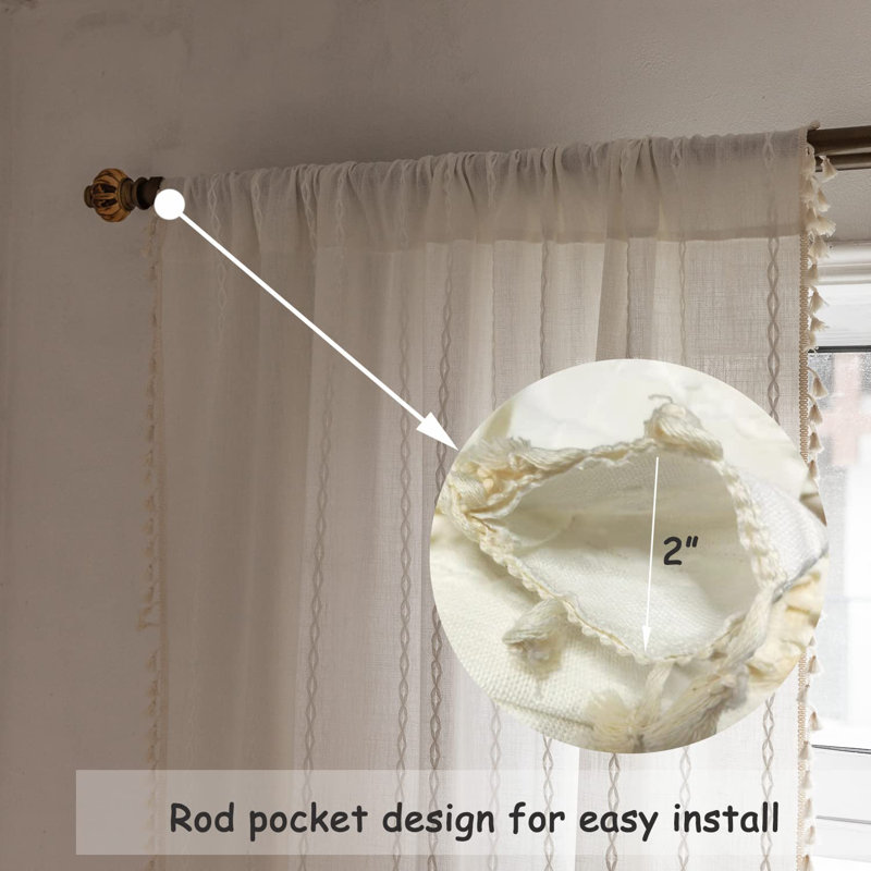 Off-White Linen Tassel Semi-Blackout Boho Curtains, 84 Inch, 2 Panels