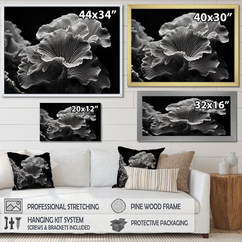 Coral Serenity en noir et blanc III, reproduction d'art sur toile, Cadre simple argenté, H 24 po x l 32 po x P 1 po