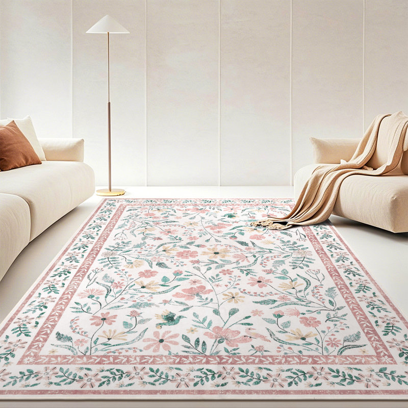 Pink Floral Machine Washable Area Rug with Non-Slip Backing, Rectangle 9' x 12'