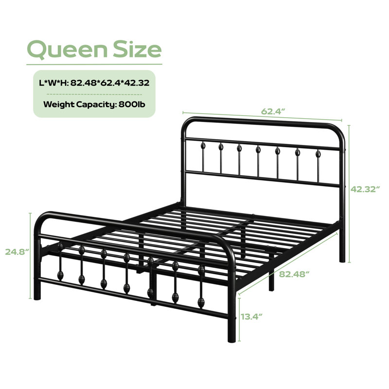 Modern Design Metal Platform Bed Frame With Headboard And Footboard, Black, Queen