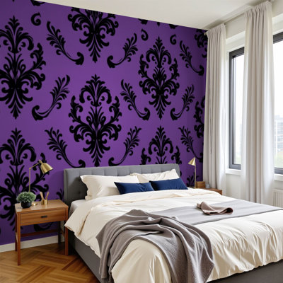 Vintage Damask Peel and Stick Wallpaper Elegant Black Damask Purple Wall Murals 100"H x 144"W Removable PVC Wall Paper Self-Adhesive Wall Decor for Bedroom Living Room Home Office