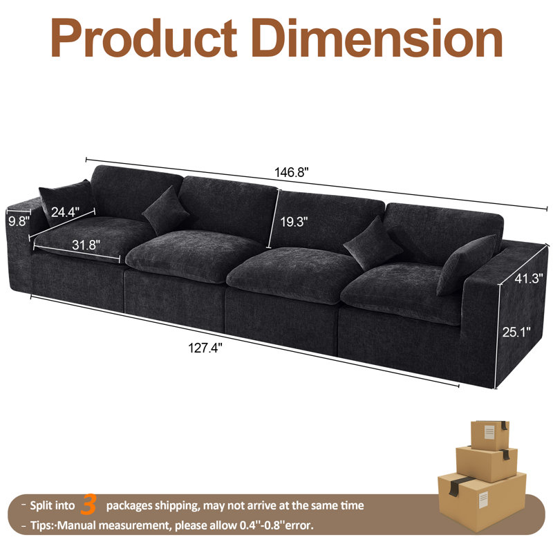 Canapé en chenille, Noir foncé, H 25,1 po x l 146,8 po x P 41,3 po