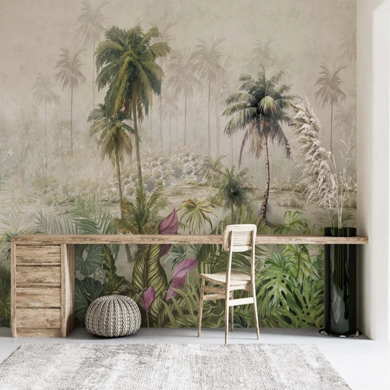 Murale rétro dans la jungle botanique et la forêt de palmiers, L 108 po x l 96 po