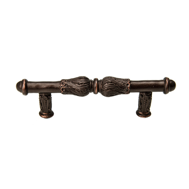Poignée d'acanthe avec volute de plumes, Bronze frotté à l'huile, 3"