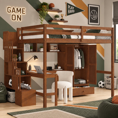 Full Size Solid Wood Loft Bed with Desk, Book shelves and Wardrobe with Doors and Drawer, Built-in Staircase with Storage Shelves