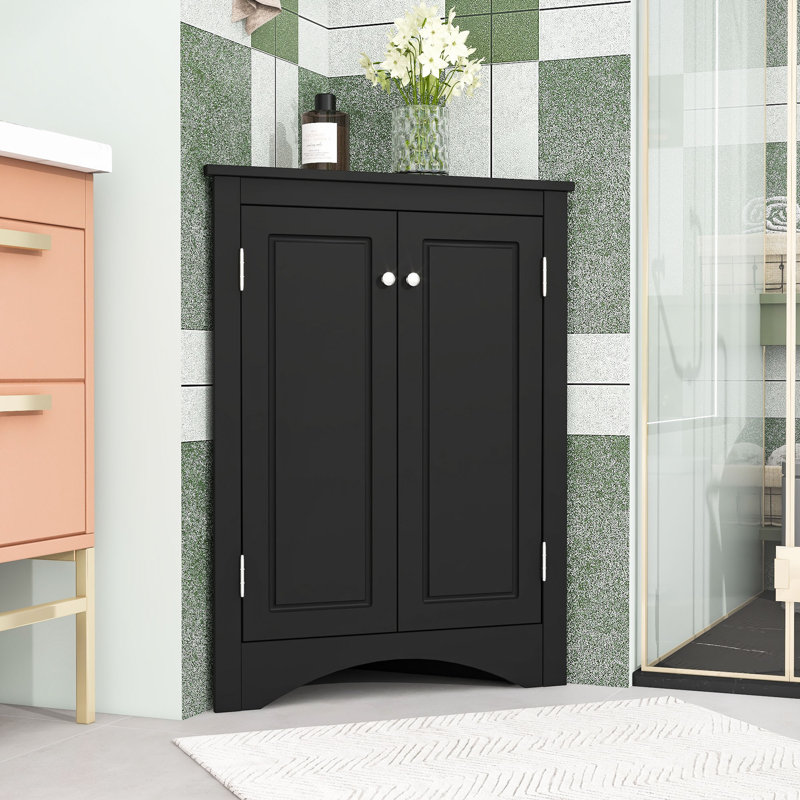 Freestanding Wooden Corner Bathroom Storage Cabinet with Door and Adjustable Shelves, Black
