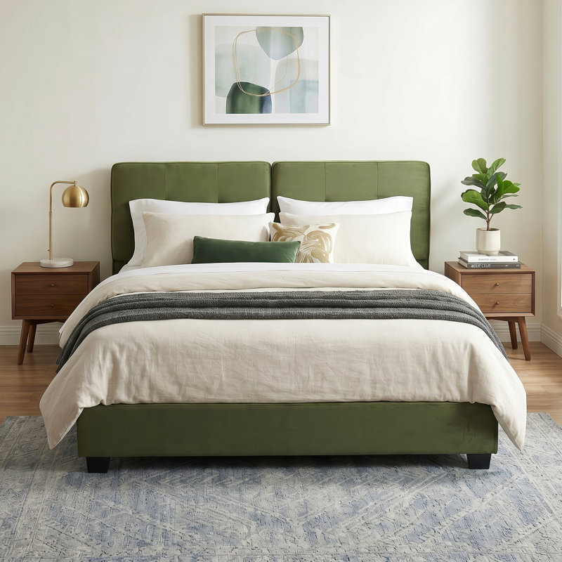 Très grand lit plateforme tapissier avec tête de lit tapissier, Green