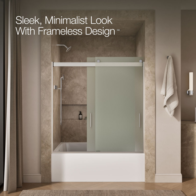 Levity 59.62" x 62" Bypass Bath Door with CleanCoat® Technology, Bright Silver, Frosted