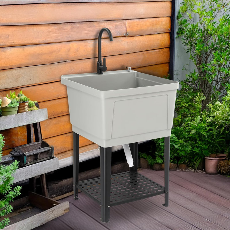 Plastic Utility Sink Freestanding With Storage Shelf, Gray