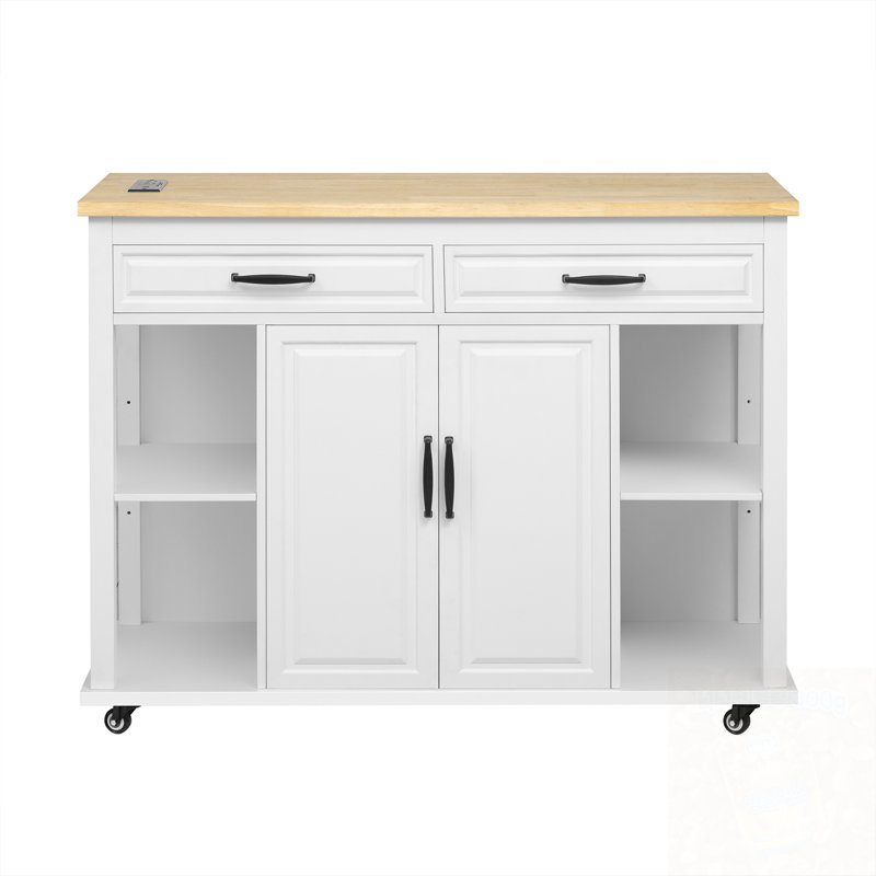 Îlot de cuisine avec support de rangement, prise de courant, 2 tiroirs et 2 armoires, Blanc