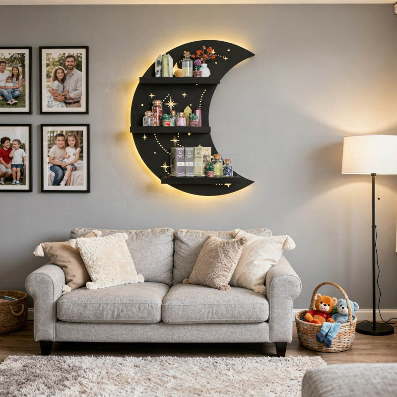 Tablette murale Crescent Moon avec lumière DEL, 3 tablettes célestes pour cristaux, bibelots et décor