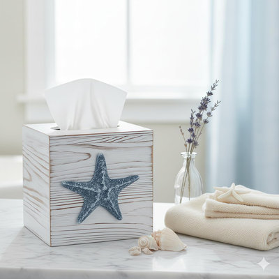 Coastal Tissue Box Cover Wooden Retro With Sliding Bottom Panel Beach Decor For Bathroom Bedroom Living Room,Starfish Decor Suitable For Coastal Gifts Beach House Gifts