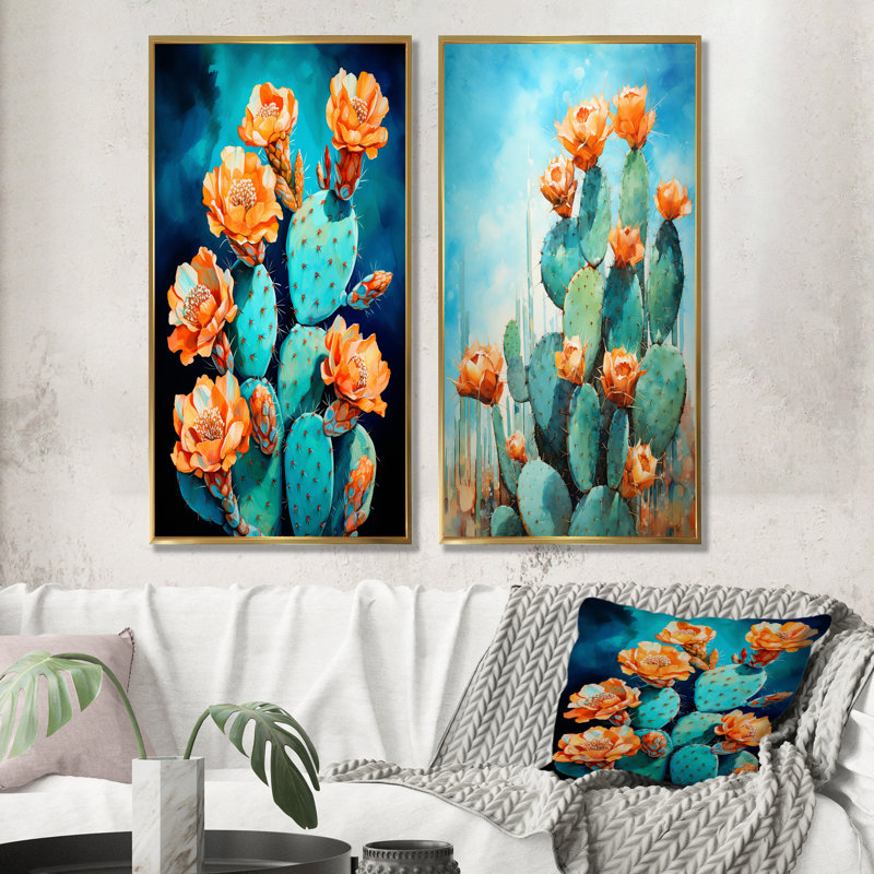 Cactus bleu et bronze brossé - ensemble de 2 décorations murales cactus, Cadre flottant doré, H 28 po x l 25 po