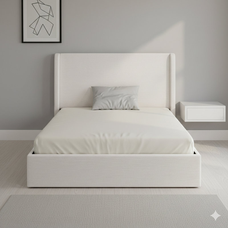 Lit à oreilles tapissier avec une tête de lit de 52,3 po de haut. Comprend un design simple et minimaliste sans lattes de bois. Nécessite un sommier et est facile à assembler. Très grand lit en chenille texturée ivoire.