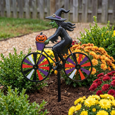 Witch Ghost Cycling Iron Floor Pole Halloween Witch Bicycle Wind  Yard Stake Metal Witch Riding Bike Pumpkin Windmill Garden Decor  Iron    Ornament For Fall H