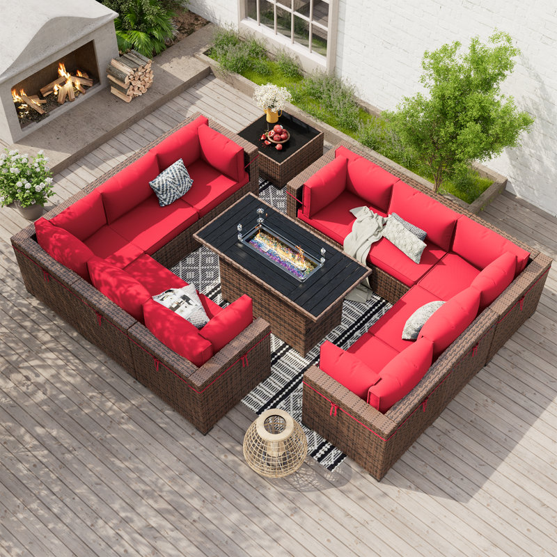 Babak Rattan Sectional Conversation Sets With Fire Pit Table, Coffee Table, Red, 10
