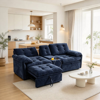 83.86" Cloud Modular Sectional Sofa, Oversized Upholstered Couch with Center Console, Cup Holders & Pull-out Ottoman, Deep Seat Fluffy Fabric Sofa for Living Room
