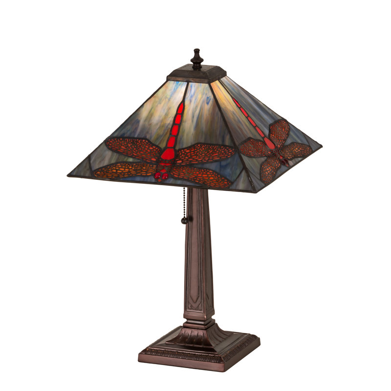 21" Multicolor Stained Glass Dragonfly Table Lamp with Bronze Base