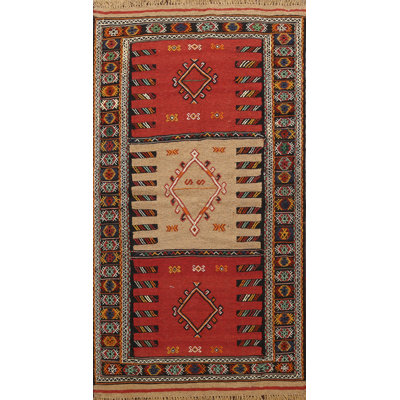 Tapis rouge / beige / brun en laine fabriqué à la main Kilim