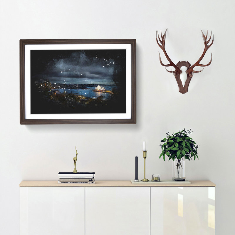 Sydney Skyline at Night - Picture Frame Graphic Art Print, 62cm H x 87cm W x 2cm D, Walnut Framed