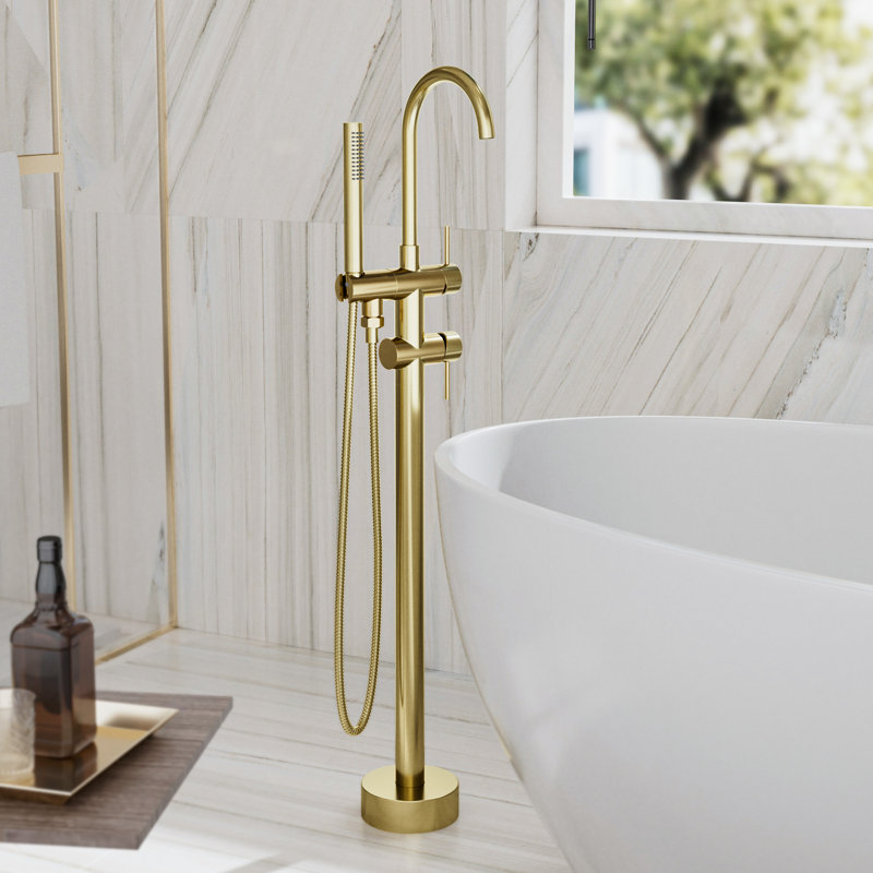 Freestanding Brushed Gold Tub Faucet With Handheld Shower | 360° Swivel Spout, 3.9GPM Flow, 304 Stainless Steel, CUPC Certified