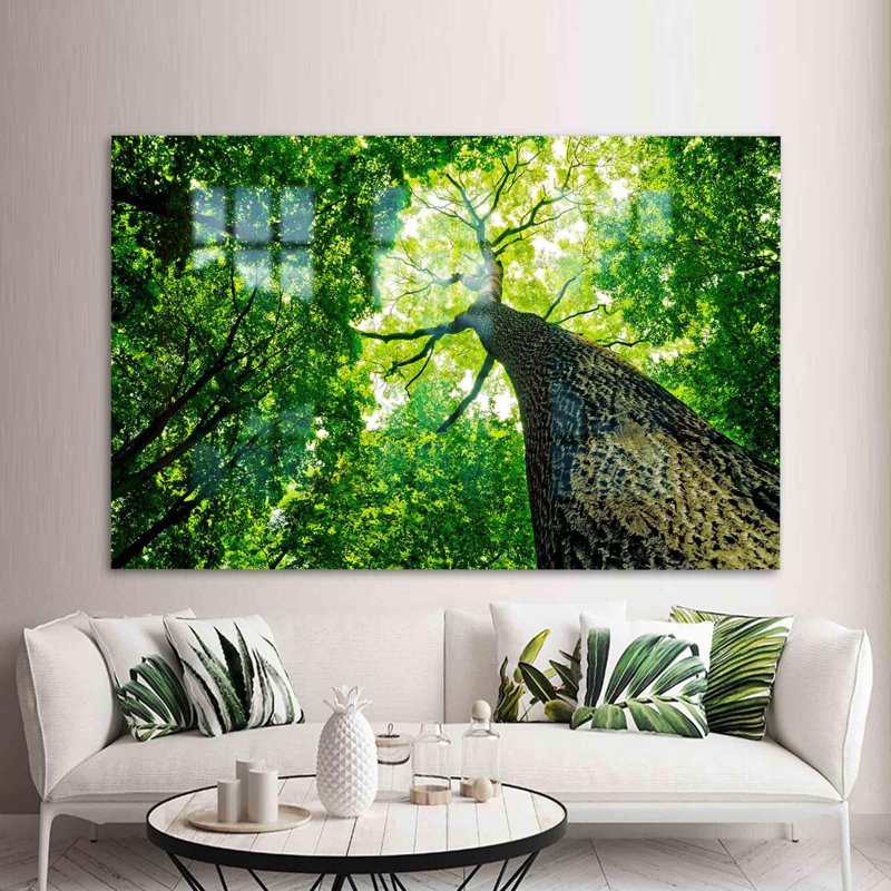 Grand art mural en verre fabriqué à la main avec un vieil arbre en vert pour une décoration intérieure inspirée de la nature