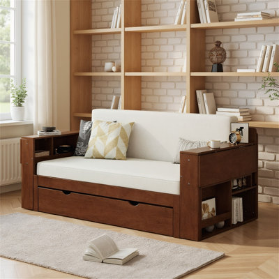 4-In-1 Full Size Daybed With Removable Desk, Storage Drawers & Hydraulic Side Table – Versatile Multifunctional Furniture For Living, Sleeping & Working, Espresso