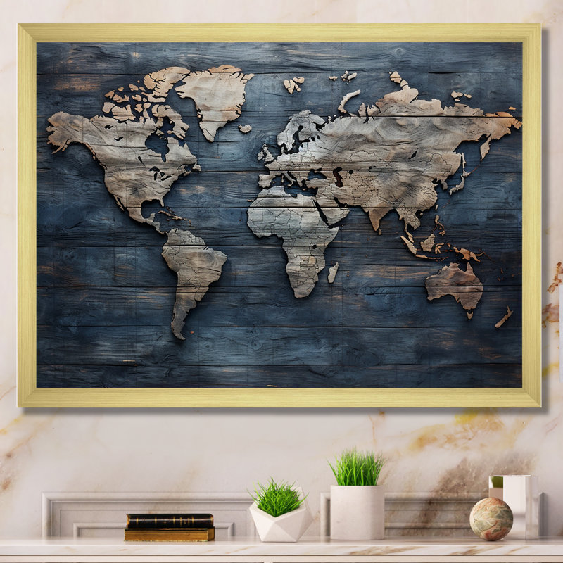 Carte du monde rustique, Cadre doré simple, H 12 po x l 20 po x P 1 po