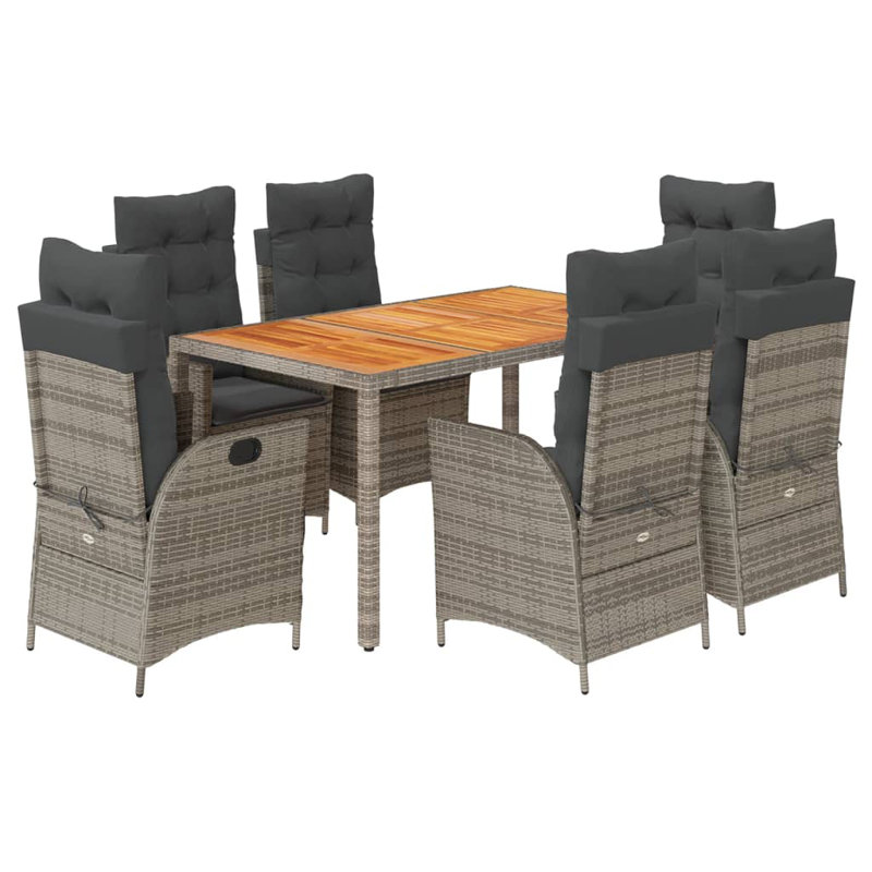 Dakota Fields 7 Piece Patio Dining Set With Cushions Gray Poly Rattan, Light Brown/Gray, 29.5" H x 35.4" L x 59.1" W